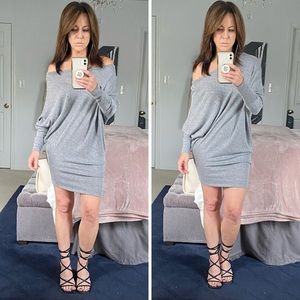 SWEATER DRESS Gray Off The Shoulder Asymmetrical Long Sleeve SMALL